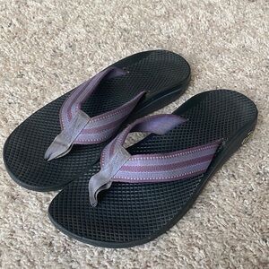 Women’s Black Flip Flop Sandals with Purple Straps
